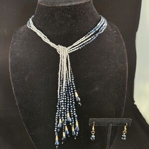 Elegant Blue Beaded Necklace and Earring Set